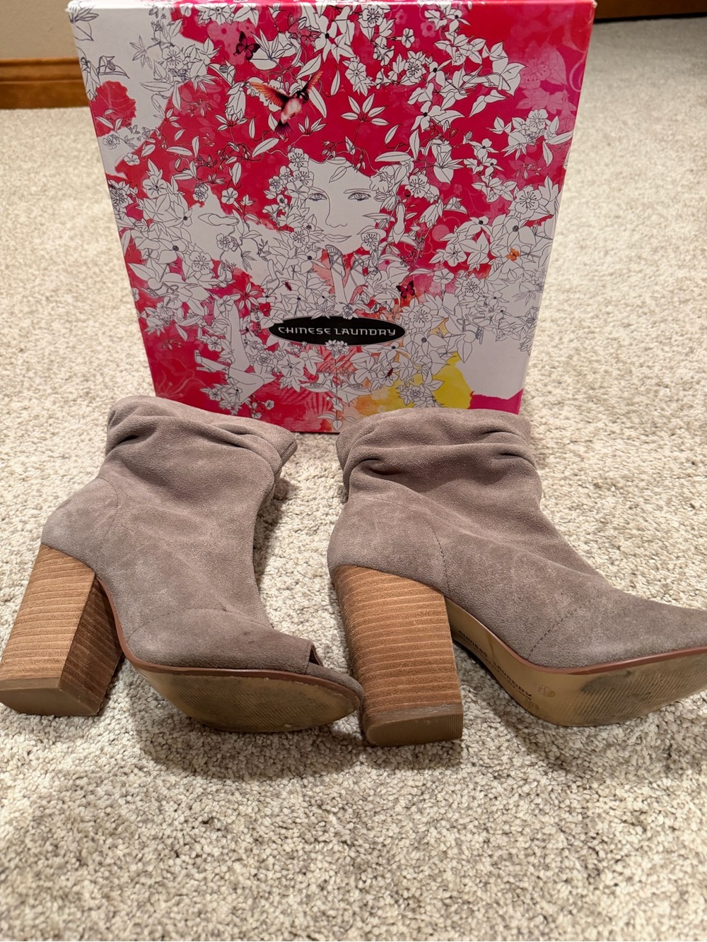 Chinese Laundry Taupe Suede Slouchy Block Heel Ankle Boots